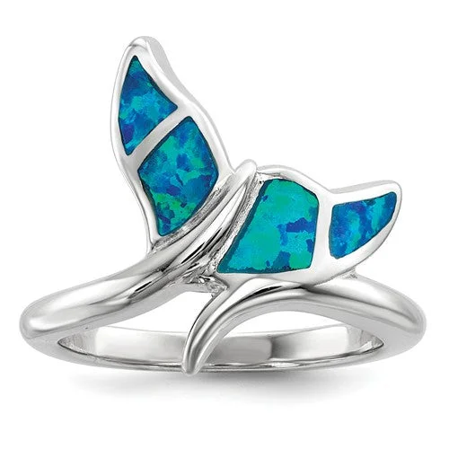 Ladies eastern mystique rings -Sterling Silver Blue Inlay Created Opal Whale Tail Ring