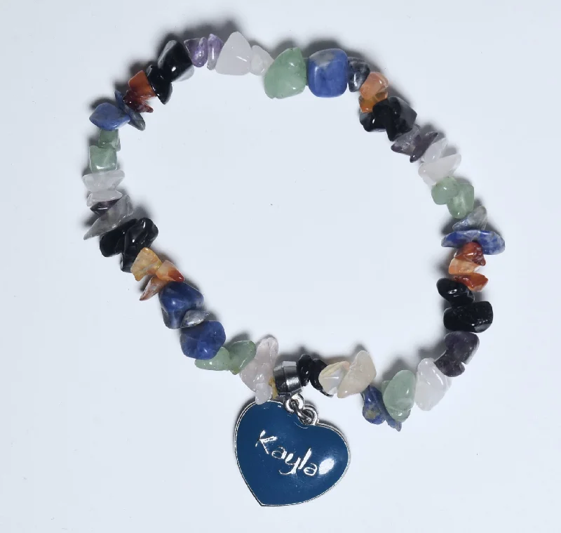 modern bracelets for women sleek style -Blue Enamel "Kayla" Heart Charm on Gemstone Beaded Stretch Bracelet