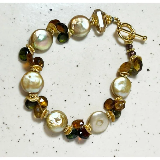 ladies gold bracelets intricate patterns -Taupe Coin Fresh Water  Pearl, Citrine, Bracelet