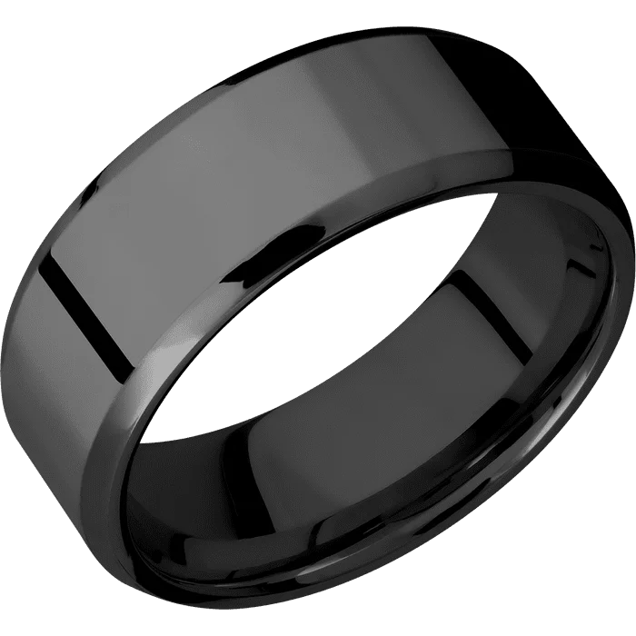 Ladies punk flair rings -8mm wide Beveled Black Titanium Ring with Polish Finish