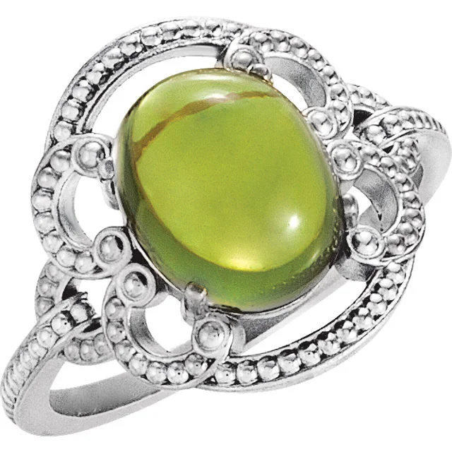 Ladies effortless daily rings -14K Gold Oval Peridot 10mm Cabochon Granulated Design Ring