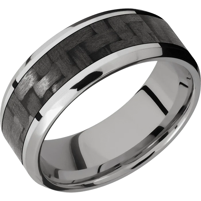 Ladies glistening silver rings -8mm wide Beveled Titanium Ring with Polish Finish / One 5mm Centered Black Carbon Fiber Inlay