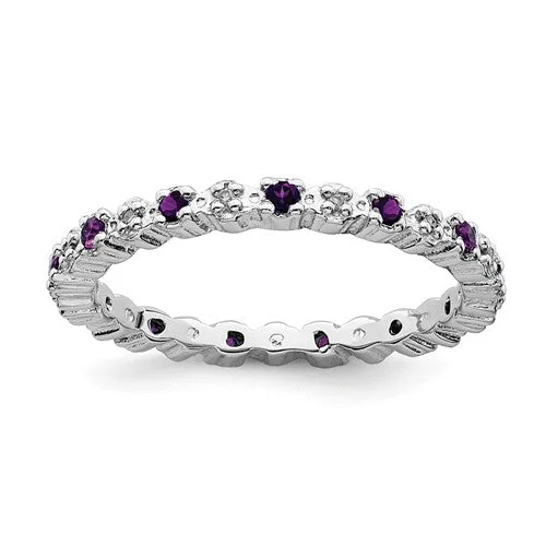 Ladies classic vintage rings -Sterling Silver Stackable Expressions Amethyst & Diamond Alternating Eternity Ring