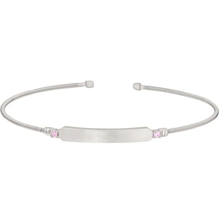 ladies bracelets star charms -Rhodium Finish Sterling Silver Cable Cuff Bracelet with Name Plate and Simulated Pink Sapphire Birth Gems - October