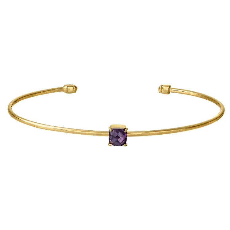 ladies silver bracelets emerald stones -Gold Finish Sterling Silver Pliable Cuff Bracelet with Faceted Cushion Cut Simulated Amethyst Birth Gem - February