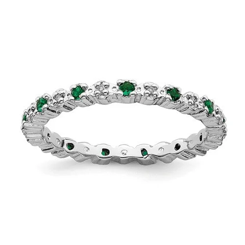 Ladies sleek band rings -Sterling Silver Stackable Expressions Emerald & Diamond Alternating Eternity Ring