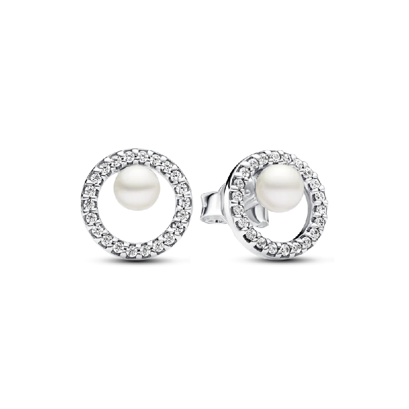 Ladies polished elegance earrings -Treated Freshwater Cultured Pearl & Pavé Halo Stud Earrings