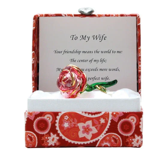 Ladies royal purple rings -Small Messenger 'A Rose To My Wife' Glass Pink Rose Figuring in Gift Box