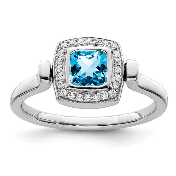 Ladies legacy charm rings -14K White Gold Cushion Cut Swiss Blue Topaz And Diamond Flip Ring