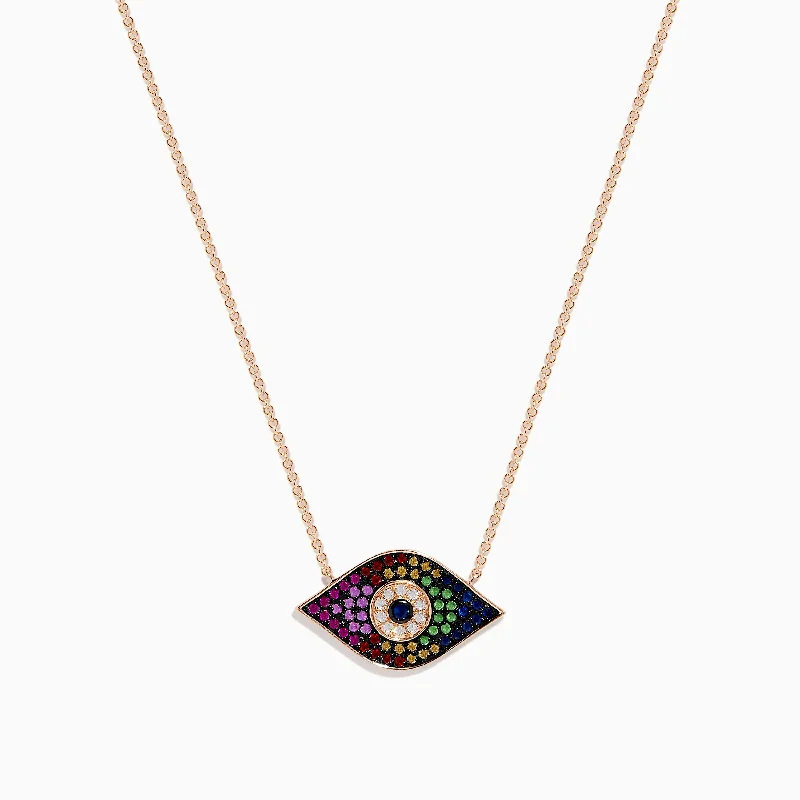 Ladies Necklaces with Sky Celestite-Novelty 14K Rose Gold Multi Sapphire & Diamond Evil Eye Necklace