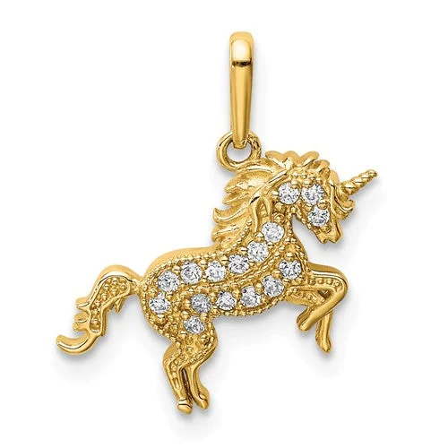 Ladies icy winter rings -14K Yellow Gold Small Rearing Unicorn CZ Charm Pendant