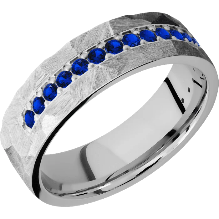 Ladies gothic shadow rings -7mm wide Flat Cobalt Chrome Ring with Rock Finish / Half Eternity Round .03 carat Sapphire Bead-Set Gemstones