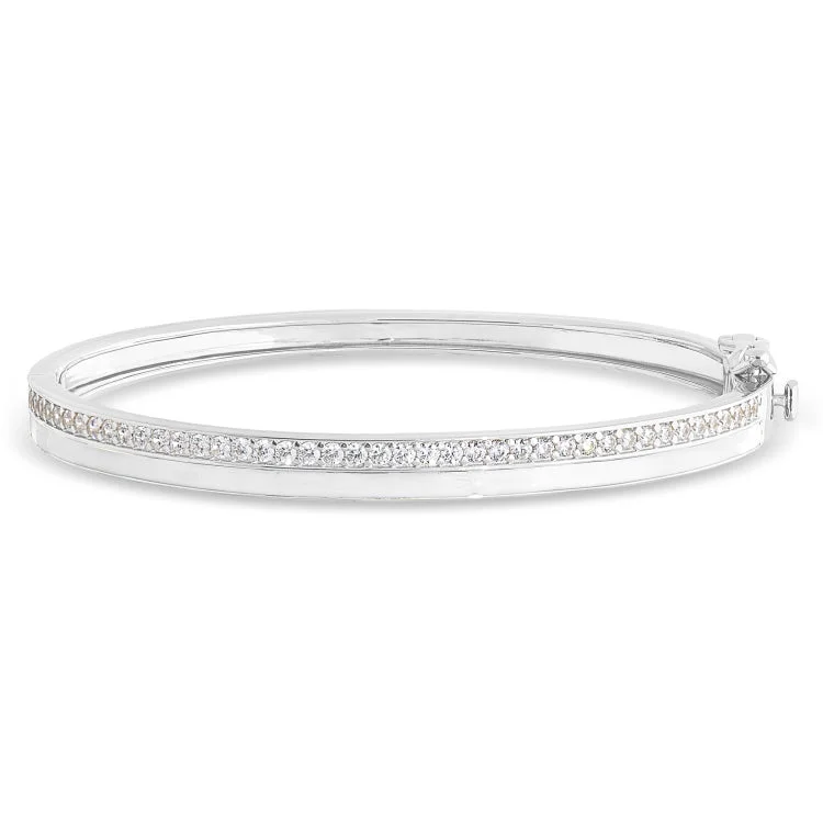 ladies yellow gold bracelets beads -Platinum Finish Sterling Silver Micropave Hinged Bangle Bracelet with with White Enamel and Simulated Diamonds