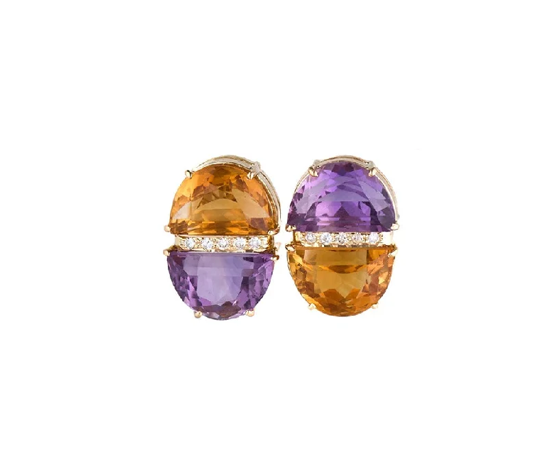 Ladies sweet pink earrings -Half Moon Shaped Amethyst Citrine and 0.30ctw Diamond Earrings in 18K