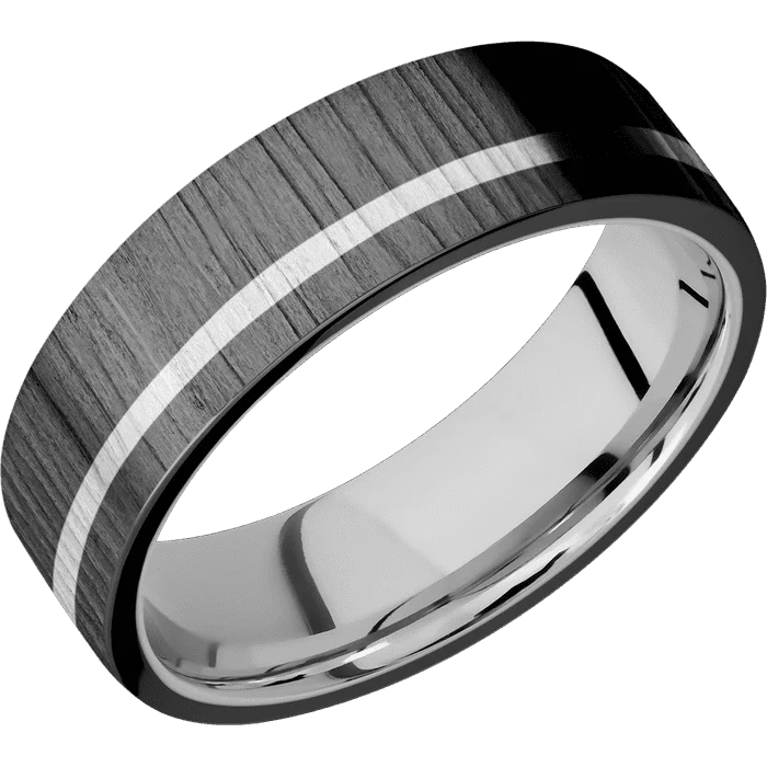 Ladies maternal bond rings -7mm wide Flat Black Zirconium Ring with Treebark 1 Finish / One 1mm Off Center 14k White Gold Inlay / 14k White Gold Sleeve