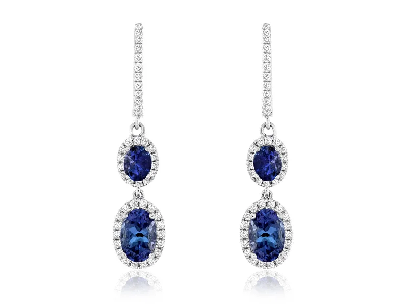 Ladies astrology charm earrings -14k White Gold 2 Oval Tanzanite Diamond Halo Dangle Earrings