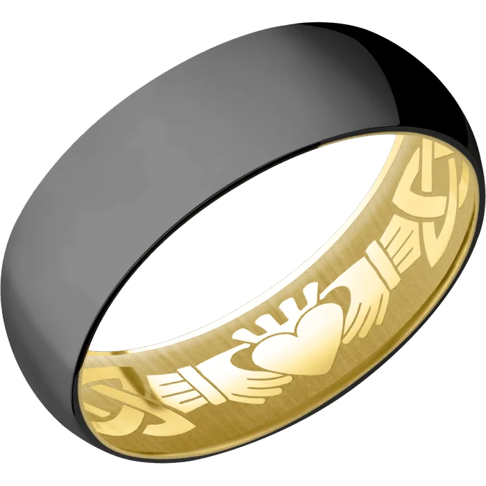 Ladies halo charm rings -7mm wide Domed Black Titanium Ring with Polish Finish / 10k Yellow Gold Sleeve / None Interior Pattern