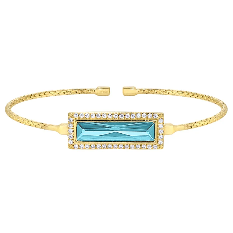 vintage gold tone bracelets for women -Gold Finish Sterling Silver Cable Cuff Bracelet with Rectangular Simulated Aquamarine Stone and Simulated Diamonds