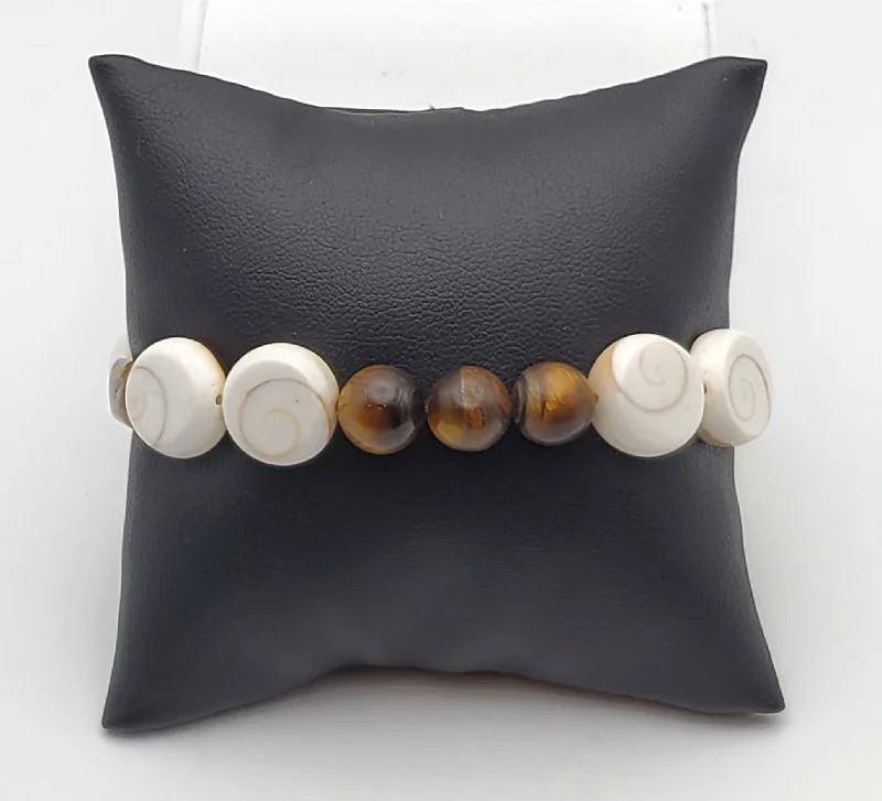 ladies rose gold bracelets leaf design -Carved Shell and Tiger's Eye Beaded Stretch Bracelet