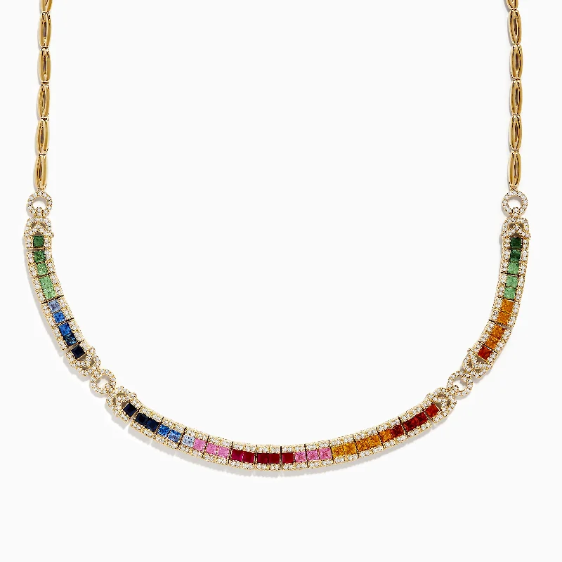 Ladies Necklaces for Girl Glow-Watercolors 14K Yellow Gold Multi Sapphire and Diamond Necklace