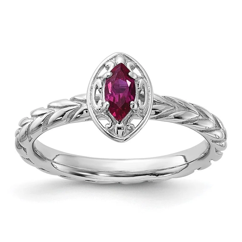 Ladies slender solitaire rings -Sterling Silver Stackable Expressions Created Ruby Marquise Ring