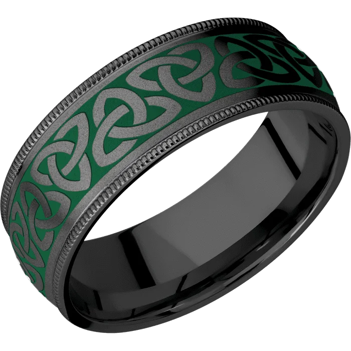 Ladies enamel hue rings -8mm wide Domed Milgrain Edges Black Titanium Ring with Bead Blast Finish / Celtic Trinity Design and Green Cerakote Accents