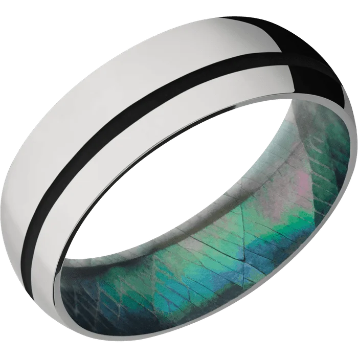 Ladies snowy white rings -7mm wide Domed Titanium Ring with Polish Finish / One 1mm Off Center Black Cerakote Inlay / Black Mother of Pearl Sleeve