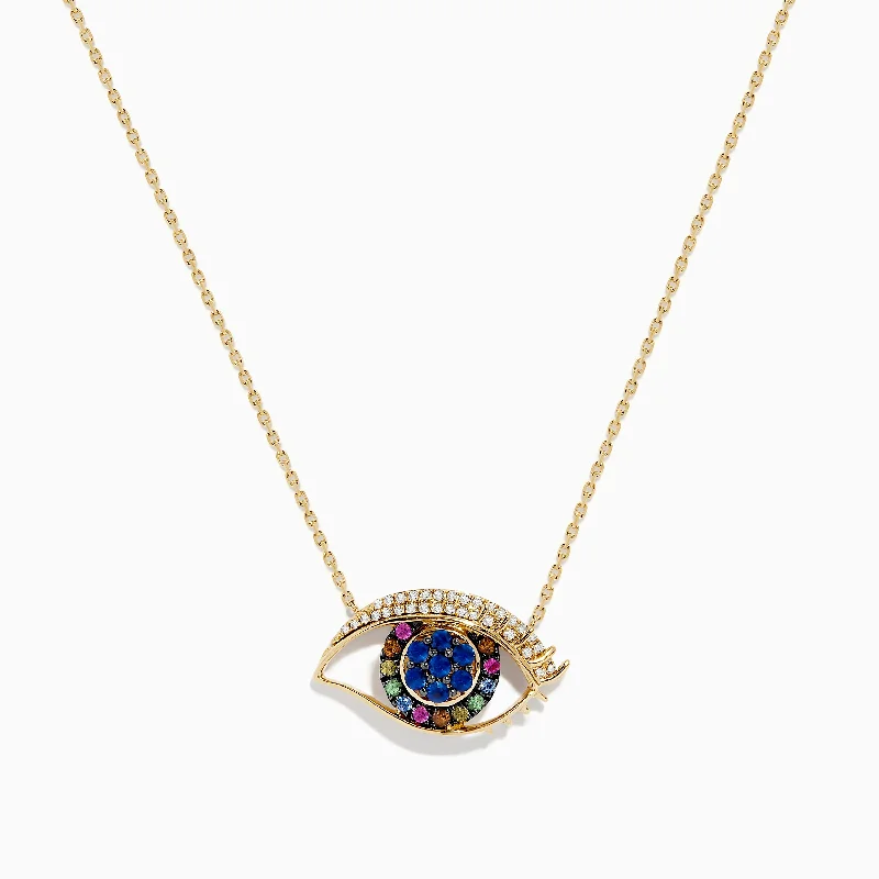 Ladies Necklaces with Grey Pollucite-Novelty 14K Yellow Gold Multi Sapphire and Diamond Evil Eye Necklace