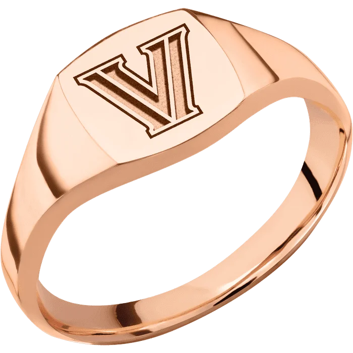 Ladies glistening silver rings -Cushion 18k Rose Gold Signet Ring / Polish Ring Finish and Polish Signet Finish / Villanova Block V Design / Size 5.75