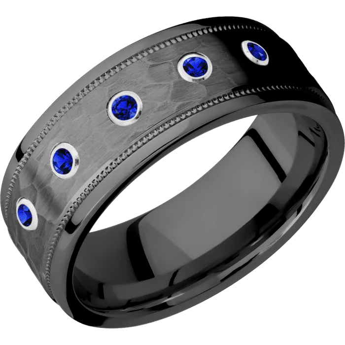 Ladies bird flight rings -8mm wide Flat Stepped Edges Milgrain Black Zirconium Ring with Hammer Finish / 5 Round .03 carat Sapphire Bezel-Set Gemstones