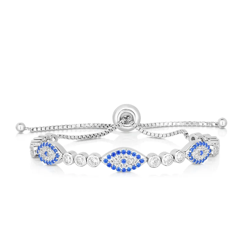 ladies casual bracelets for everyday -Sterling Silver CZ Evil Eye Station Friendship Bracelet