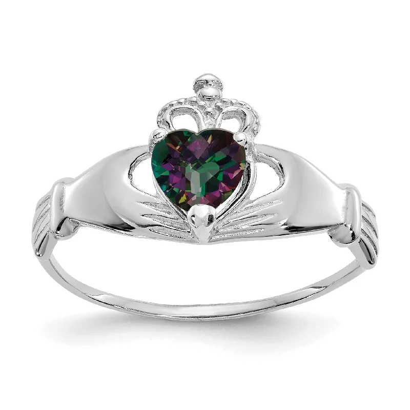 Ladies engraved sentiment rings -14k White Gold June Rainbow Mystic CZ Heart Claddagh Ring