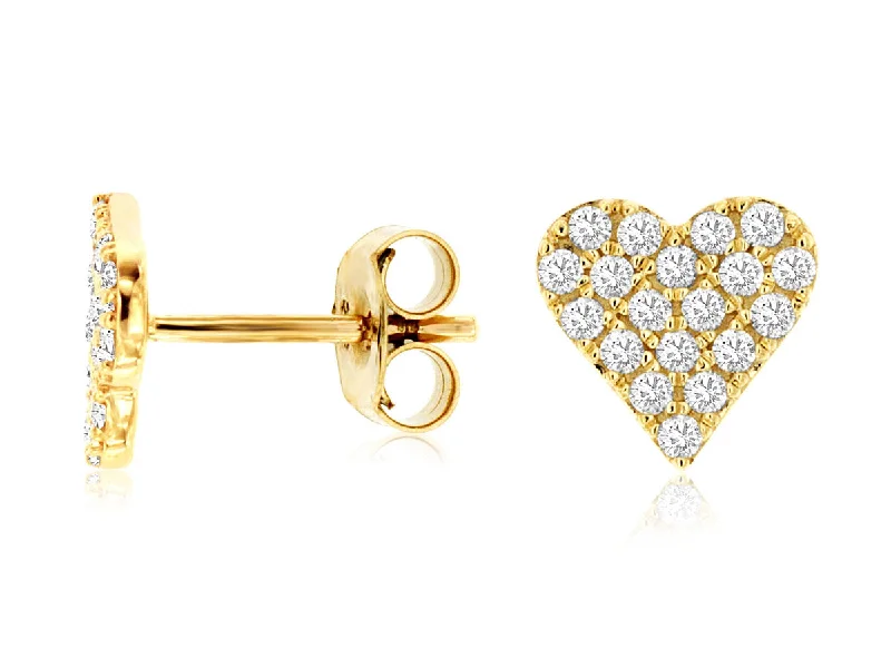 Ladies squared charm earrings -Yellow Gold Diamond Pave Set Heart Shaped Stud Earrings