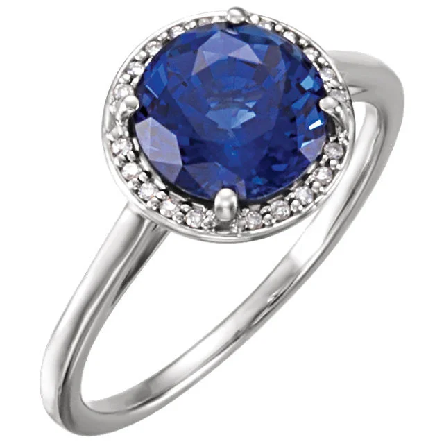 Ladies polished elegance rings -14k Gold Lab Grown 8mm Round Blue Sapphire .05CTW Diamond Halo Ring