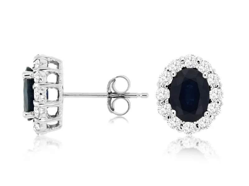 Ladies ocean swirl earrings -14k White Gold Oval Sapphire with Diamond Halo Stud Earrings