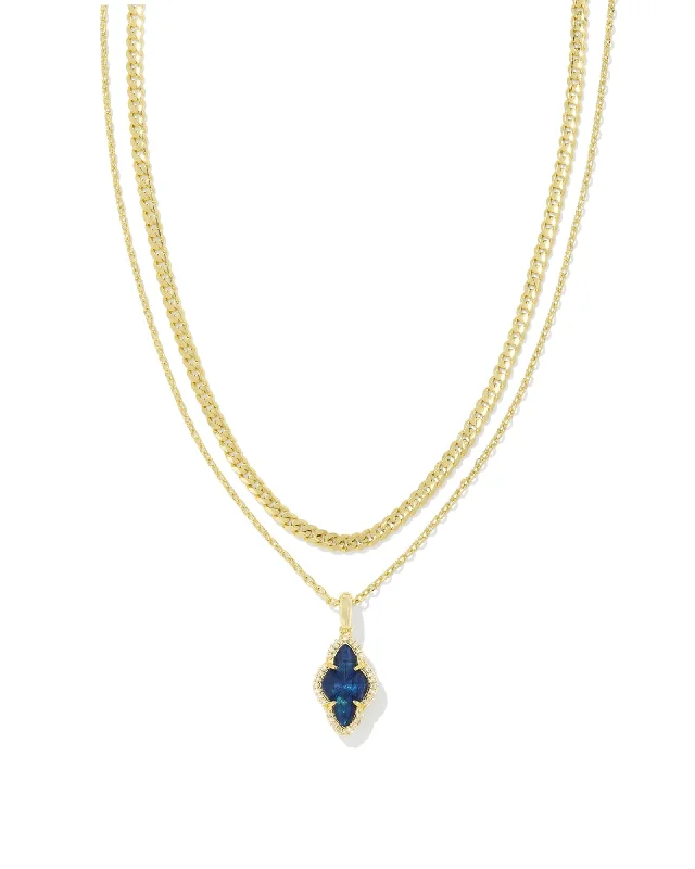 Ladies Necklaces with Striped Agate-Kendra Scott : Abbie Gold Pave Frame Multi Strand Necklace in Navy Abalone