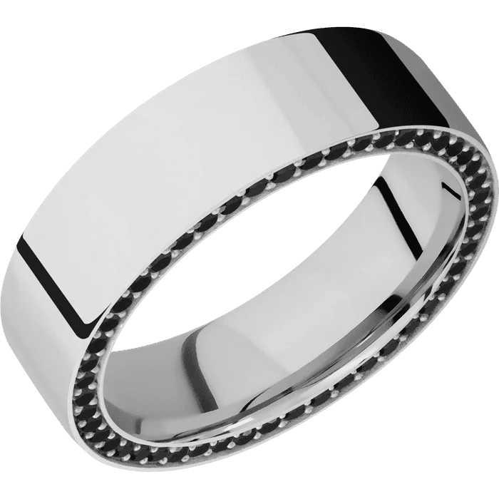 Ladies resilient steel rings -7mm wide Flat Platinum Ring with Polish Finish / Side Eternity Round .01 carat Black Diamond Bead Channel-Set Gemstones