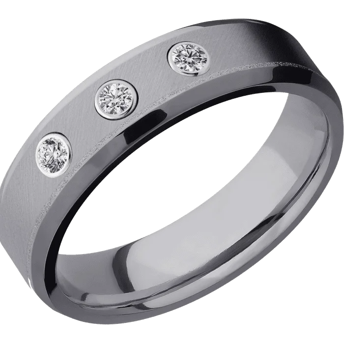 Ladies matte elegance rings -6mm wide Beveled Tantalum Ring with Angle Satin Finish / 3 Round .05 carat Lab Grown Diamond Bezel-Set Gemstones