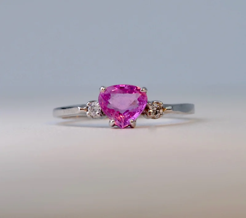 Ladies delicate floral rings -14K White Gold ring with one center Pink Sapphire and 2 side Diamonds