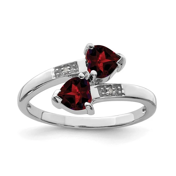 Ladies hexagonal flash rings -Sterling Silver Genuine Heart Garnet & Diamond 2 Stone Ring