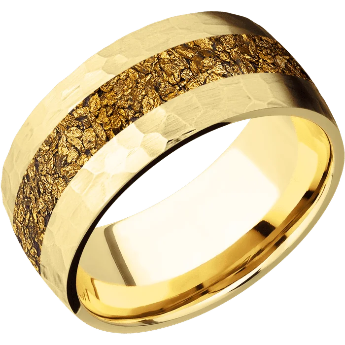 Ladies open design rings -10mm wide Domed 10k Yellow Gold Ring with Hammer Finish / One 4mm Centered 24k Raw Gold Nugget Inlay