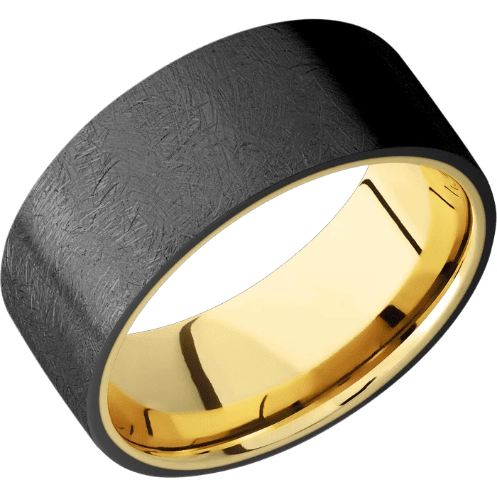 Ladies shiny gloss rings -9mm wide Flat Black Zirconium Ring with Distressed Finish / 10k Yellow Gold Sleeve