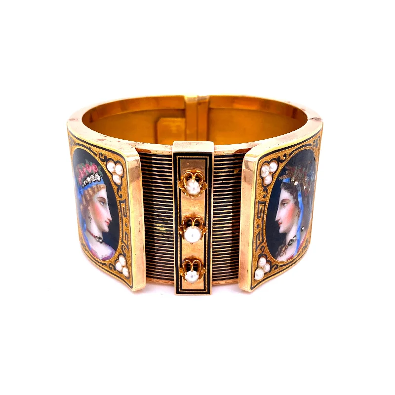 silver moon phase bracelets for women -19th Century Austrian Enamel Diamonds Pearls Gold Portraits Bangle