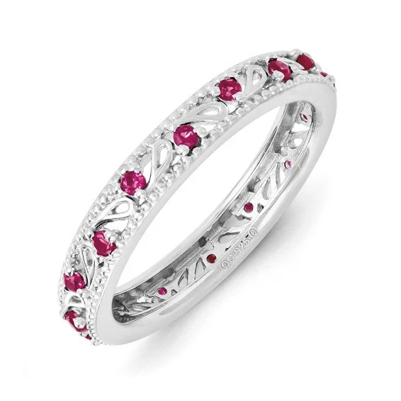 Ladies tranquil sapphire rings -Sterling Silver Stackable Expressions Created Ruby Filigree Ring