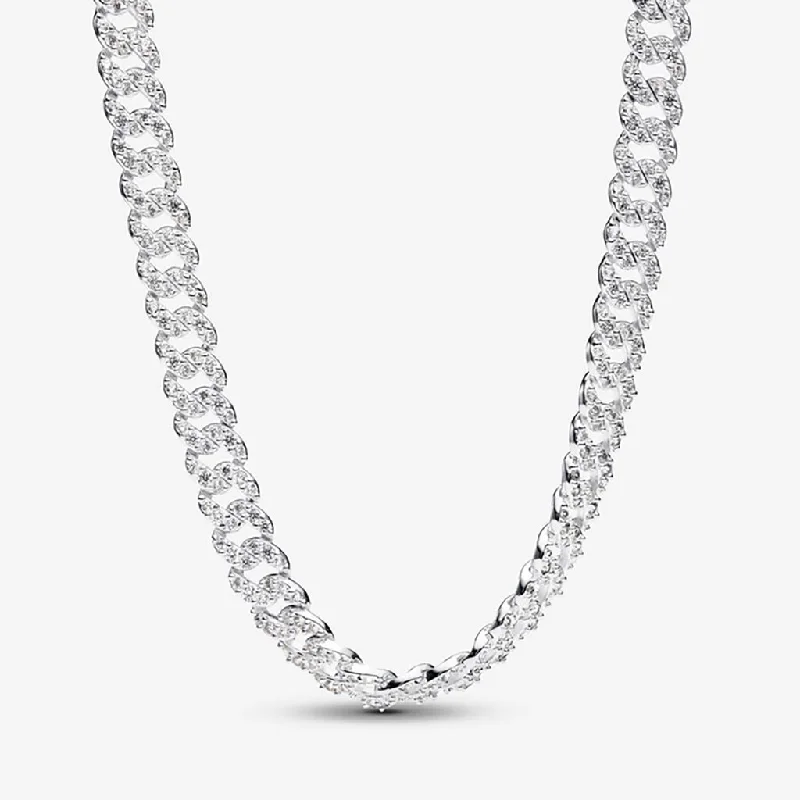 Ladies Necklaces Thin Spark-PANDORA : Pavé Cuban Chain Necklace - Sterling Silver (17.7")