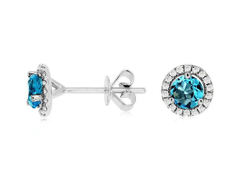 Ladies delicate strand earrings -14K White Gold Round Blue Topaz with Diamond Halo Stud Earrings