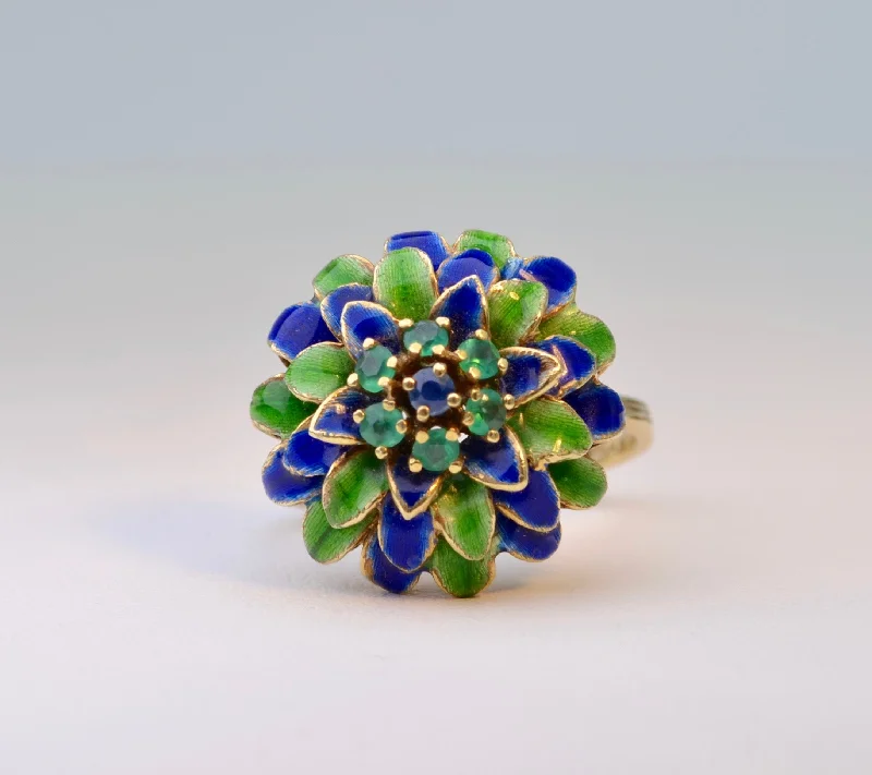 Ladies rich lapis rings -Enamel Flower Ring with Emerald and Sapphire Accents in 14K Yellow Gold