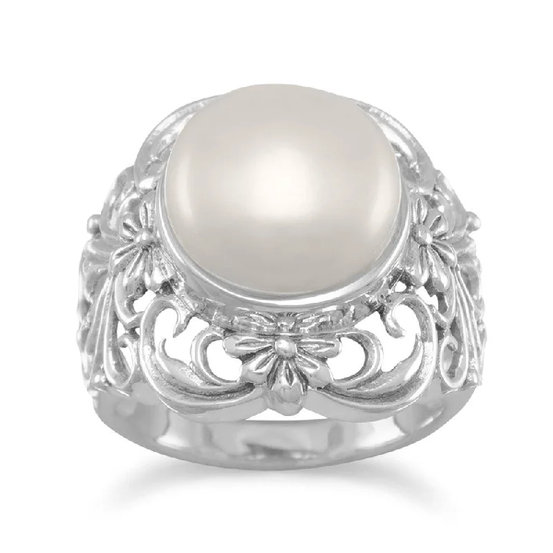 Ladies thick flair rings -Sterling Silver Ornate Cultured Freshwater Pearl Ring