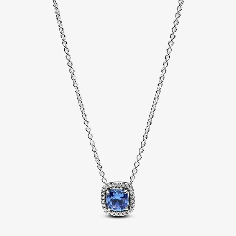 Ladies Necklaces with Heart Glow-PANDORA : Sparkling Square Blue Halo Pendant Necklace