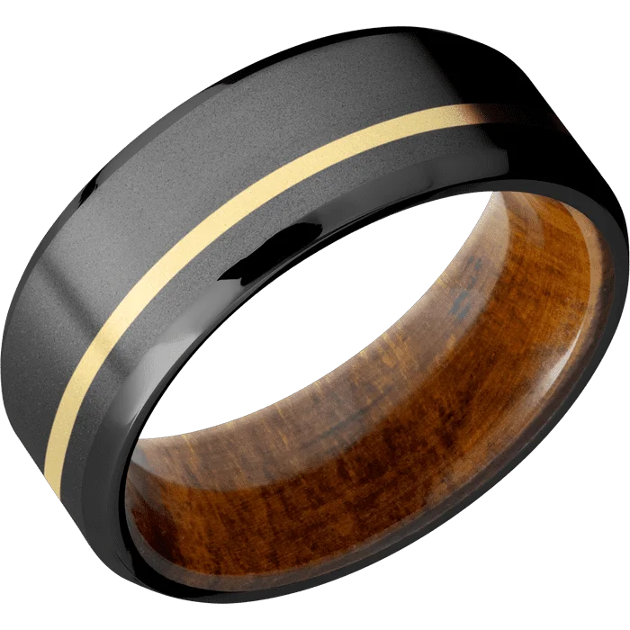 Ladies zirconia spark rings -8mm wide Beveled Black Zirconium Ring with Bead Blast Finish / One 1mm Off Center 18k Yellow Gold Inlay with Bead Blast Finish / Desert Iron Wood Sleeve